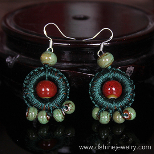 Retro Silver Hook Earring Ceramics Beads Thread Earrings